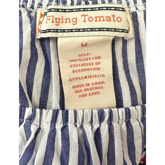 2/$15 Flying Tomato Embroidered Off Shoulder Dress Blue Striped Size M - Picture 7 of 8